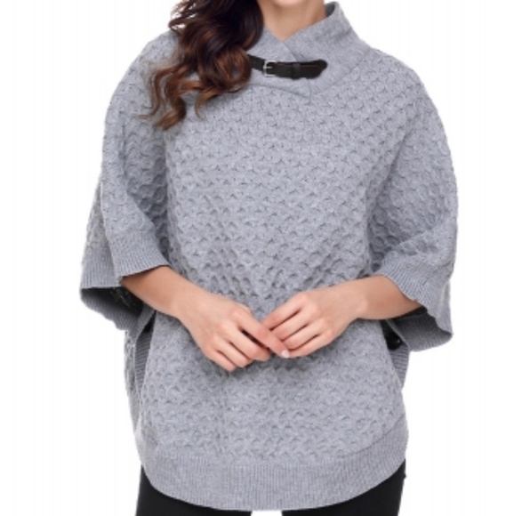 Gray High Neck Waffle Knit Poncho - Picture 1 of 7